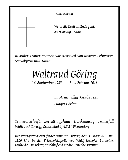 Traueranzeige von Waltraud Göring